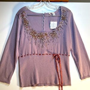 Anthropologie Beaded Cotton & Silk Sweater Mauve size L